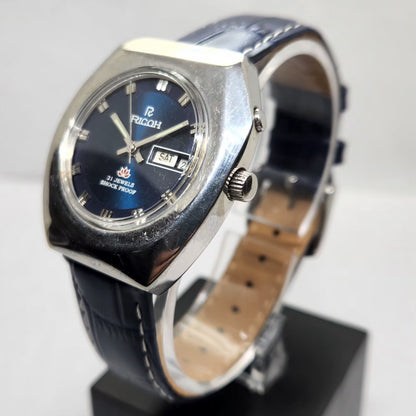 Vintage Ricoh R31 Automatic Blue Face New Strap 21 Jewels Day-Date Men's Wrist Watch R04