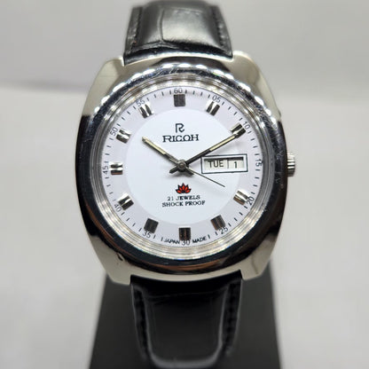 Vintage Ricoh R31 Automatic White Face New Strap 21 Jewels Day-Date Men's Wrist Watch R05