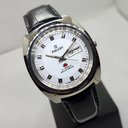 Vintage Ricoh R31 Automatic White Face New Strap 21 Jewels Day-Date Men's Wrist Watch R05