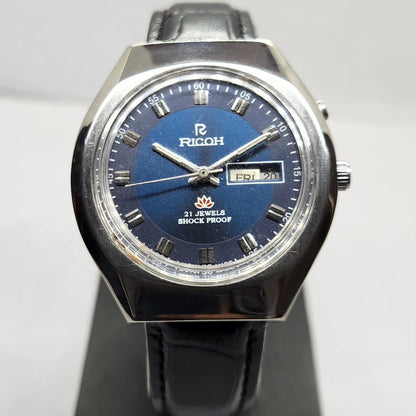 Vintage Ricoh R31 Automatic Blue Face New Strap 21 Jewels Day-Date Men's Wrist Watch R06