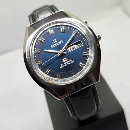 Vintage Ricoh R31 Automatic Blue Face New Strap 21 Jewels Day-Date Men's Wrist Watch R06