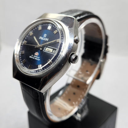 Vintage Ricoh R31 Automatic Blue Face New Strap 21 Jewels Day-Date Men's Wrist Watch R06