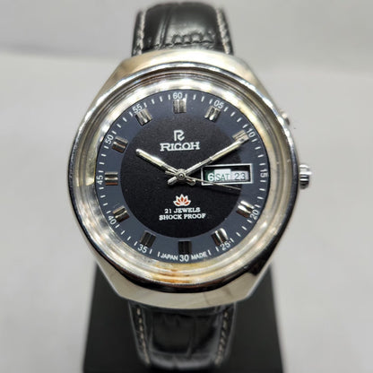 Vintage Ricoh R31 Automatic Black Face New Strap 21 Jewels Day-Date Men's Wrist Watch R07