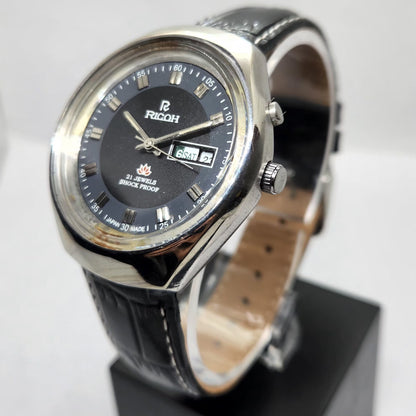 Vintage Ricoh R31 Automatic Black Face New Strap 21 Jewels Day-Date Men's Wrist Watch R07