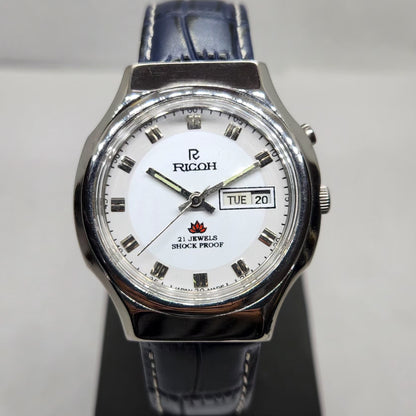 Vintage Ricoh R31 Automatic Blue Face New Strap 21 Jewels Day-Date Men's Wrist Watch R09