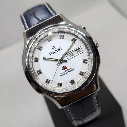 Vintage Ricoh R31 Automatic Blue Face New Strap 21 Jewels Day-Date Men's Wrist Watch R09