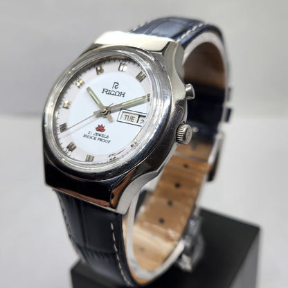 Vintage Ricoh R31 Automatic Blue Face New Strap 21 Jewels Day-Date Men's Wrist Watch R09
