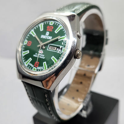 Vintage Ricoh R31 Automatic Green Face New Strap 21 Jewels Day-Date Men's Wrist Watch R11