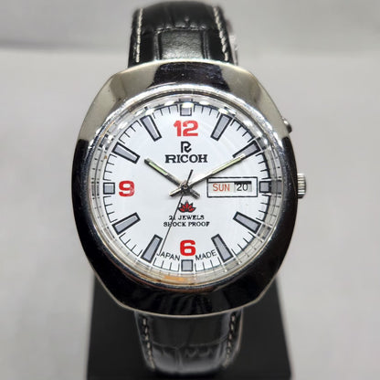 Vintage Ricoh R31 Automatic White Face New Strap 21 Jewels Day-Date Men's Wrist Watch R12