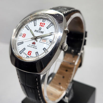 Vintage Ricoh R31 Automatic White Face New Strap 21 Jewels Day-Date Men's Wrist Watch R12