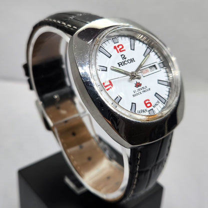 Vintage Ricoh R31 Automatic White Face New Strap 21 Jewels Day-Date Men's Wrist Watch R12