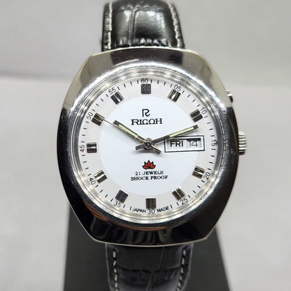 Vintage Ricoh R31 Automatic White Face New Strap 21 Jewels Day-Date Men's Wrist Watch R13