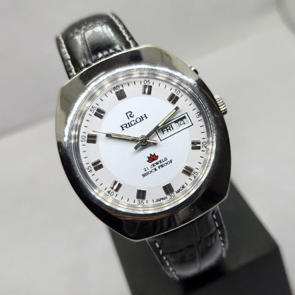 Vintage Ricoh R31 Automatic White Face New Strap 21 Jewels Day-Date Men's Wrist Watch R13