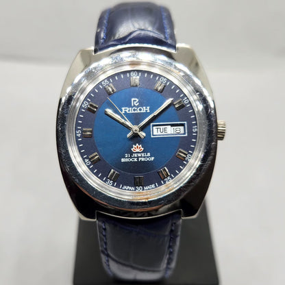 Vintage Ricoh R31 Automatic Blue Face New Strap 21 Jewels Day-Date Men's Wrist Watch R14