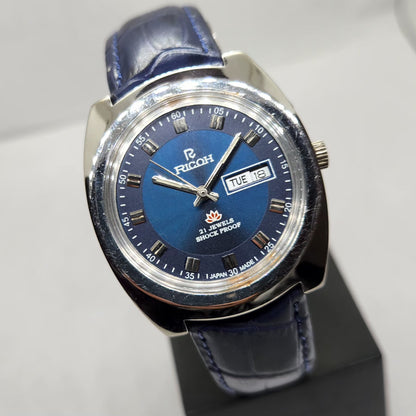 Vintage Ricoh R31 Automatic Blue Face New Strap 21 Jewels Day-Date Men's Wrist Watch R14