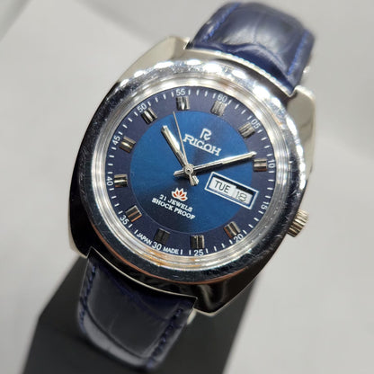 Vintage Ricoh R31 Automatic Blue Face New Strap 21 Jewels Day-Date Men's Wrist Watch R14