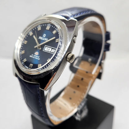 Vintage Ricoh R31 Automatic Blue Face New Strap 21 Jewels Day-Date Men's Wrist Watch R14