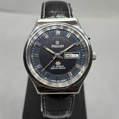 Vintage Ricoh R31 Automatic Black Face New Strap 21 Jewels Day-Date Men's Wrist Watch R15