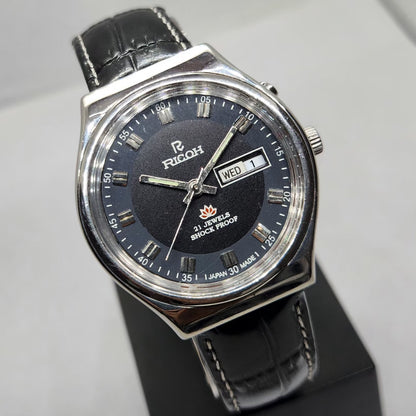 Vintage Ricoh R31 Automatic Black Face New Strap 21 Jewels Day-Date Men's Wrist Watch R15