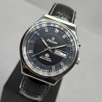 Vintage Ricoh R31 Automatic Black Face New Strap 21 Jewels Day-Date Men's Wrist Watch R15