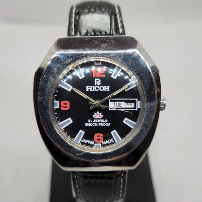 Vintage Ricoh R31 Automatic Black Face New Strap 21 Jewels Day-Date Men's Wrist Watch R16