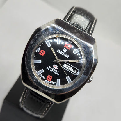 Vintage Ricoh R31 Automatic Black Face New Strap 21 Jewels Day-Date Men's Wrist Watch R16
