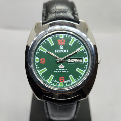 Vintage Ricoh R31 Automatic Green Face New Strap 21 Jewels Day-Date Men's Wrist Watch R17