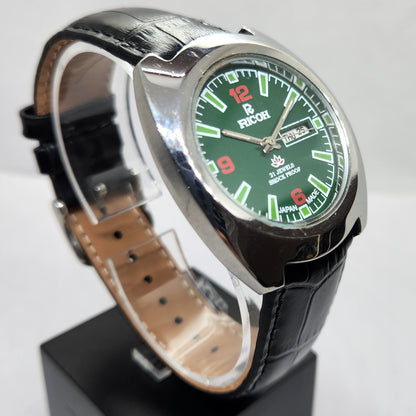 Vintage Ricoh R31 Automatic Green Face New Strap 21 Jewels Day-Date Men's Wrist Watch R17