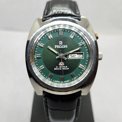 Vintage Ricoh R31 Automatic Green Face New Strap 21 Jewels Day-Date Men's Wrist Watch R18