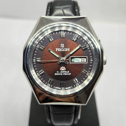 Vintage Ricoh R31 Automatic Brown Face New Strap 21 Jewels Day-Date Men's Wrist Watch R19