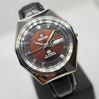 Vintage Ricoh R31 Automatic Brown Face New Strap 21 Jewels Day-Date Men's Wrist Watch R19