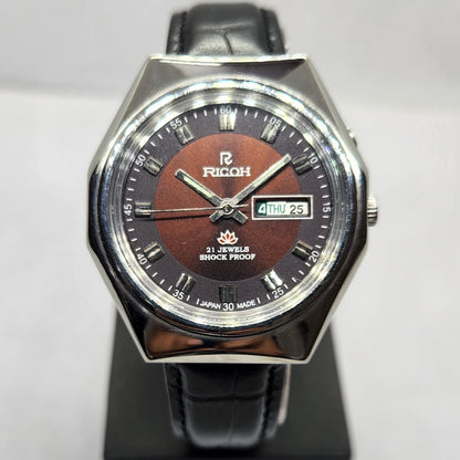 Vintage Ricoh R31 Automatic Brown Face New Strap 21 Jewels Day-Date Men's Wrist Watch R19