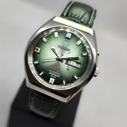 Vintage Ricoh R31 Automatic Green Face New Strap 21 Jewels Day-Date Men's Wrist Watch R21