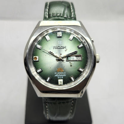 Vintage Ricoh R31 Automatic Green Face New Strap 21 Jewels Day-Date Men's Wrist Watch R21