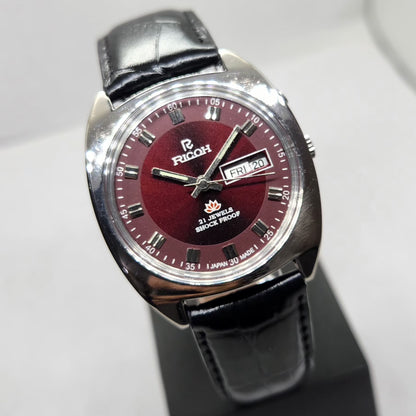 Vintage Ricoh R31 Automatic Red Face New Strap 21 Jewels Day-Date Men's Wrist Watch R23