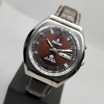Vintage Ricoh R31 Automatic Brown Face New Strap 21 Jewels Day-Date Men's Wrist Watch R24