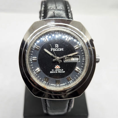 Vintage Ricoh R31 Automatic Black Face New Strap 21 Jewels Day-Date Men's Wrist Watch R25