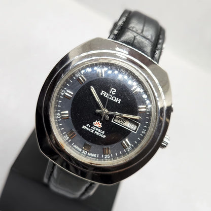 Vintage Ricoh R31 Automatic Black Face New Strap 21 Jewels Day-Date Men's Wrist Watch R25