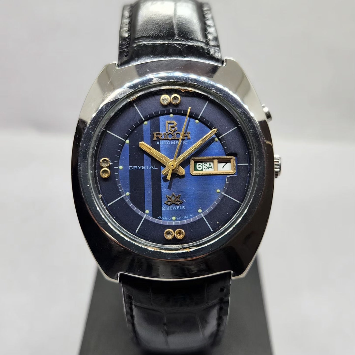 Vintage Ricoh R31 Automatic Blue Face New Strap 21 Jewels Day-Date Men's Wrist Watch R27