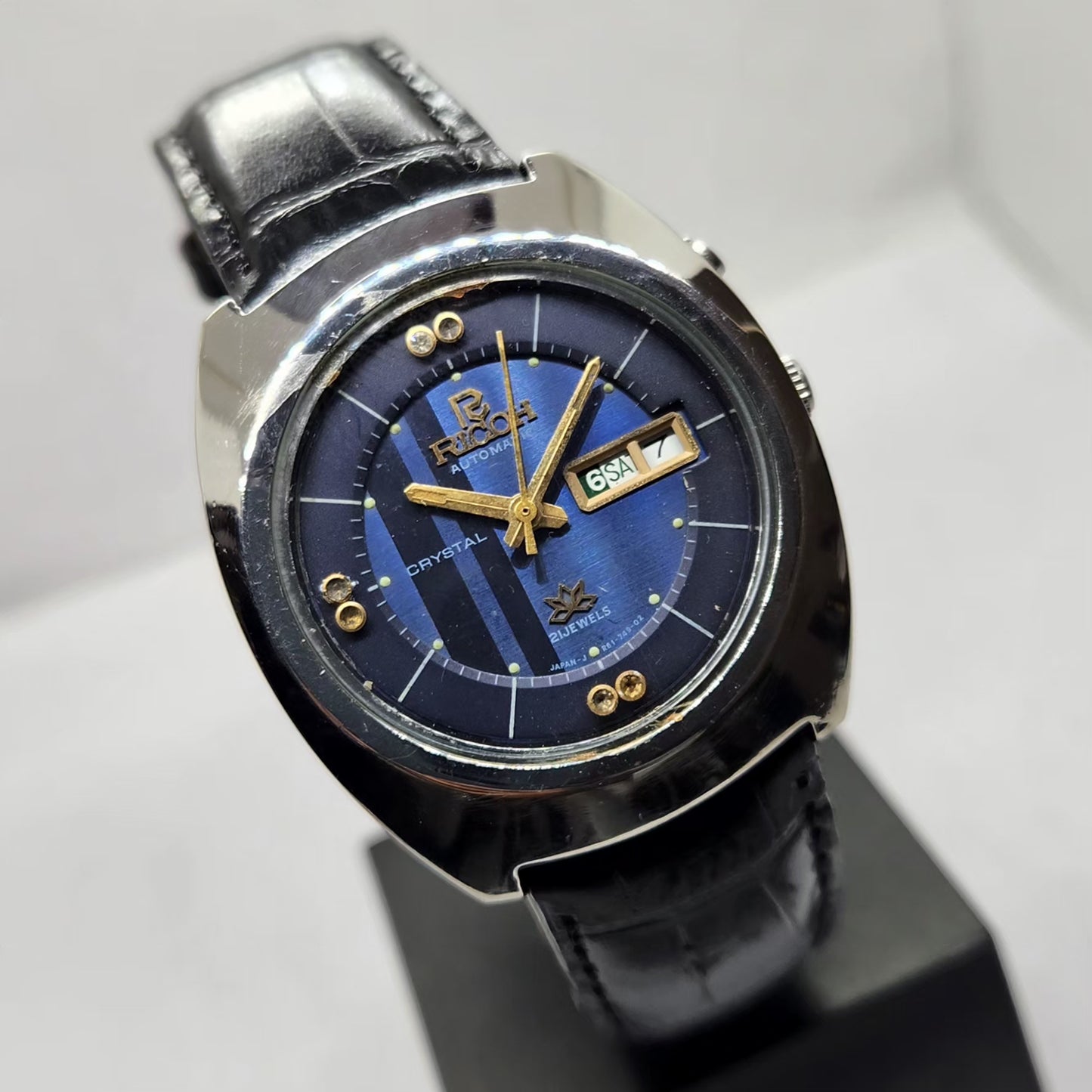 Vintage Ricoh R31 Automatic Blue Face New Strap 21 Jewels Day-Date Men's Wrist Watch R27