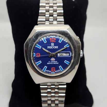 Vintage Ricoh R31 Blue Face Automatic 21 Jewels Jubliee Bracelet Men's Wrist Watch R30