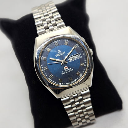 Vintage Ricoh R31 Blue Face Automatic 21 Jewels Jubliee Bracelet Men's Wrist Watch R37