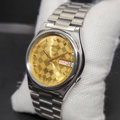 Vintage 1999 Original Seiko 5 Automatic 7s26-3170 Gold Face 21 Jewels Day-Date Japanese Men's Wrist Watch VS11