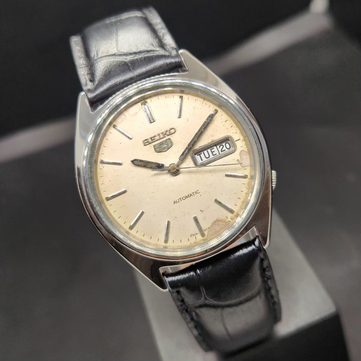 Vintage 1982 Original Seiko 5 Automatic 6309-545A OFF White Face 17 Jewels Day-Date Japanese Men's Wrist Watch VS22