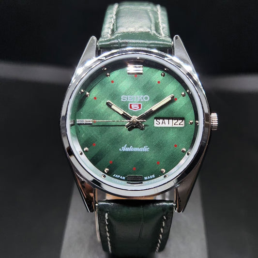 Vintage 1980 Original Seiko 5 Automatic 6349 Repainted Green Face 23 Jewels Day-Date Japanese Men's Wrist Watch VS29