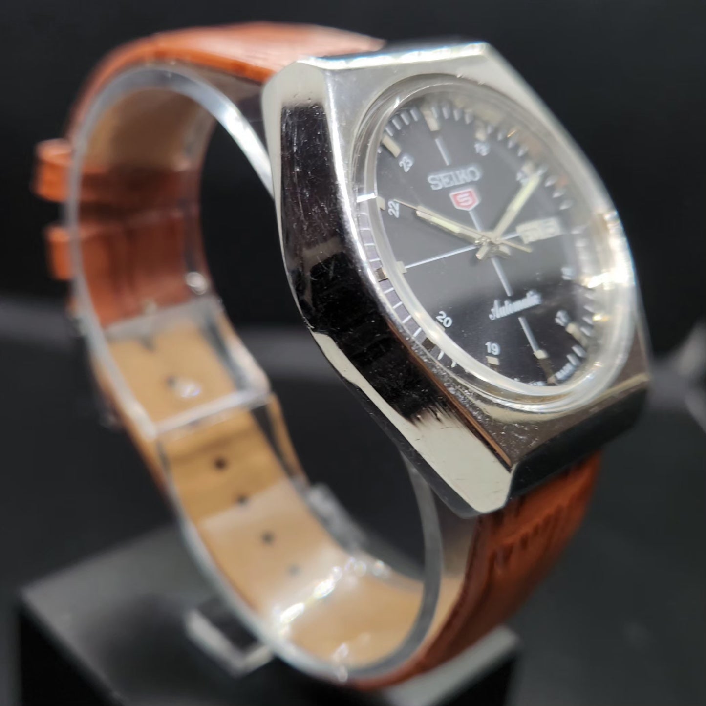 Vintage 1980 Original Seiko 5 Automatic 6309 Repainted Black Face 17 Jewels Day-Date Japanese Men's Wrist Watch VS32
