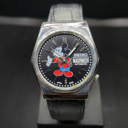 Vintage 1978 Original Seiko 5 Automatic 6309-8170 Repainted Mickey Mouse Black Face 17 Jewels Day-Date Japanese Men's Wrist Watch VS33
