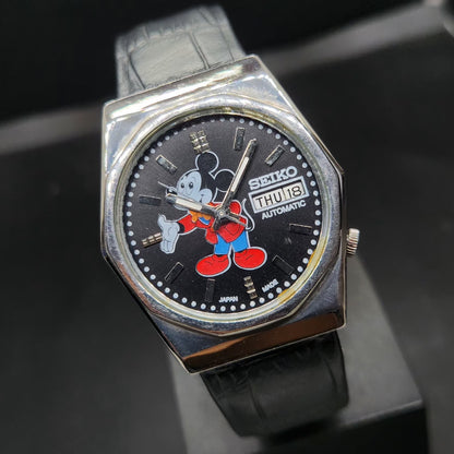 Vintage 1978 Original Seiko 5 Automatic 6309-8170 Repainted Mickey Mouse Black Face 17 Jewels Day-Date Japanese Men's Wrist Watch VS33