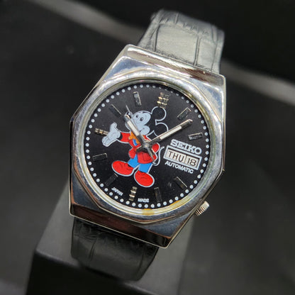 Vintage 1978 Original Seiko 5 Automatic 6309-8170 Repainted Mickey Mouse Black Face 17 Jewels Day-Date Japanese Men's Wrist Watch VS33
