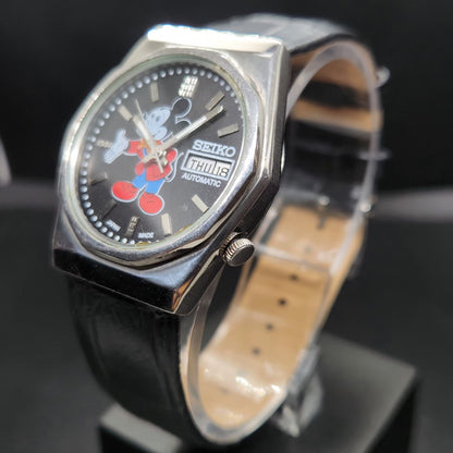 Vintage 1978 Original Seiko 5 Automatic 6309-8170 Repainted Mickey Mouse Black Face 17 Jewels Day-Date Japanese Men's Wrist Watch VS33